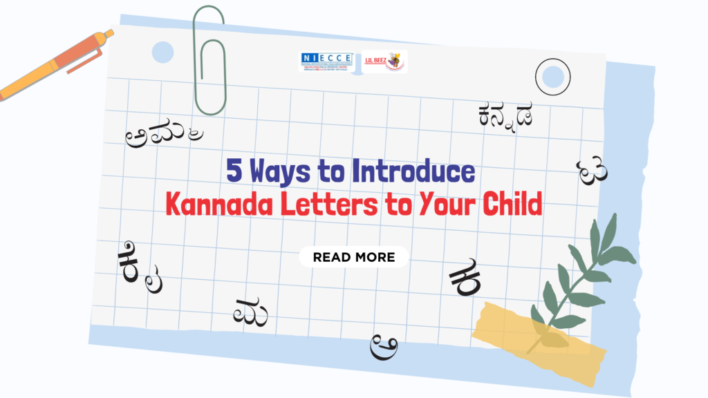 Preschool child tracing a Kannada letter with a finger